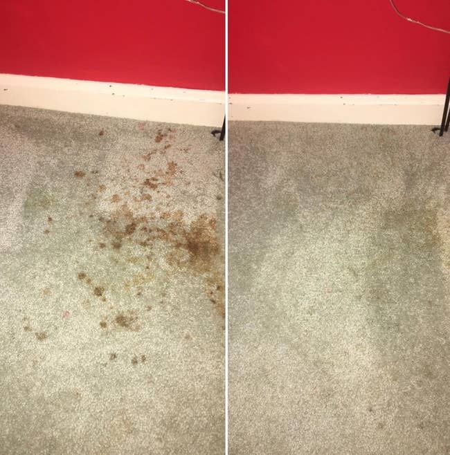 on left, brown spots on gray carpet. on right, same carpet without brown spots after using the carpet spot remover spray above