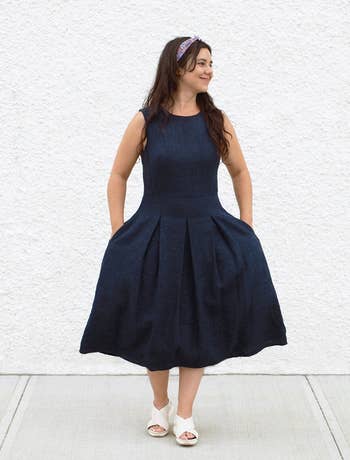 model wearing the bonbon dress in blue