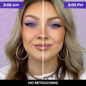 model split image of face at 8 AM and 8 PM after using setting spray