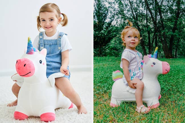 Split image of child sitting on white unicorn with rainbow horn and pink hooves and snout toy