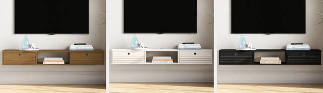 Three images of brown, white, and black TV stand