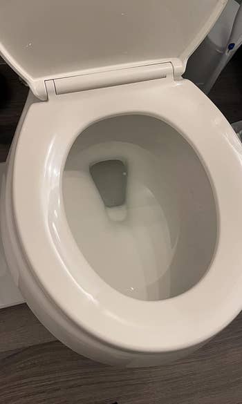 another reviewer showing inside of the clean, white toilet bow that has Kaboom system installed