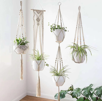 four of the different macrame plant holders hanging from the ceiling