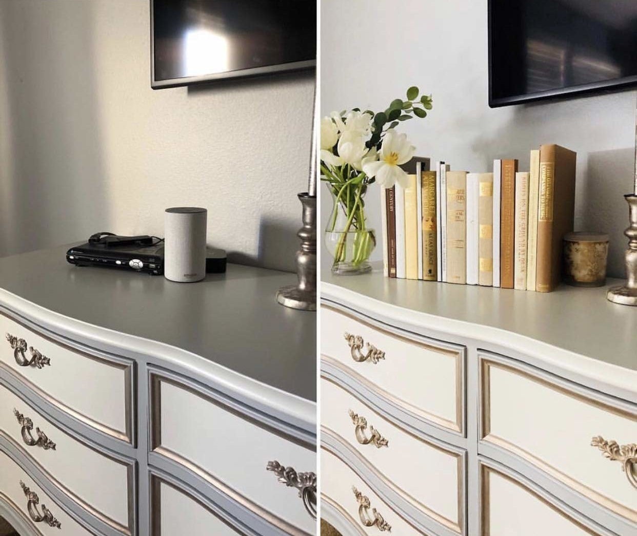 on left, black WiFi router and white smart device on vintage dresser. on right, same dresser spot concealed with row of gold book covers