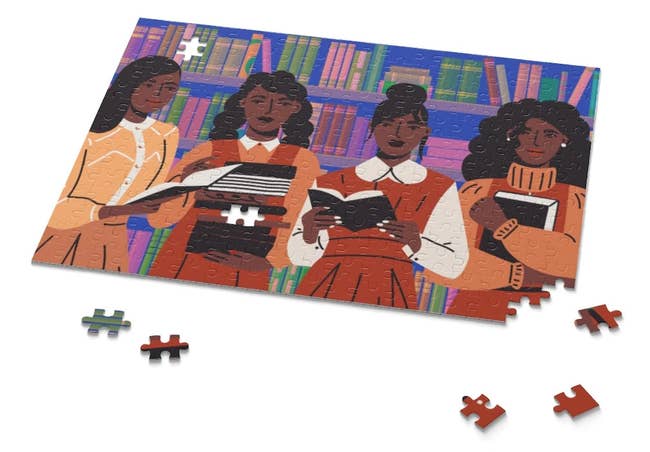 puzzle with illustration of Black women holding books in library
