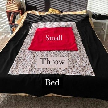 All three sizes of blankets stacked to show size comparison