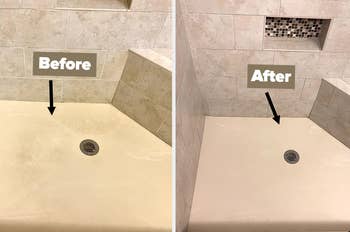 reviewer before and after of their dirty and stained shower and then their clean shower, from using the spray