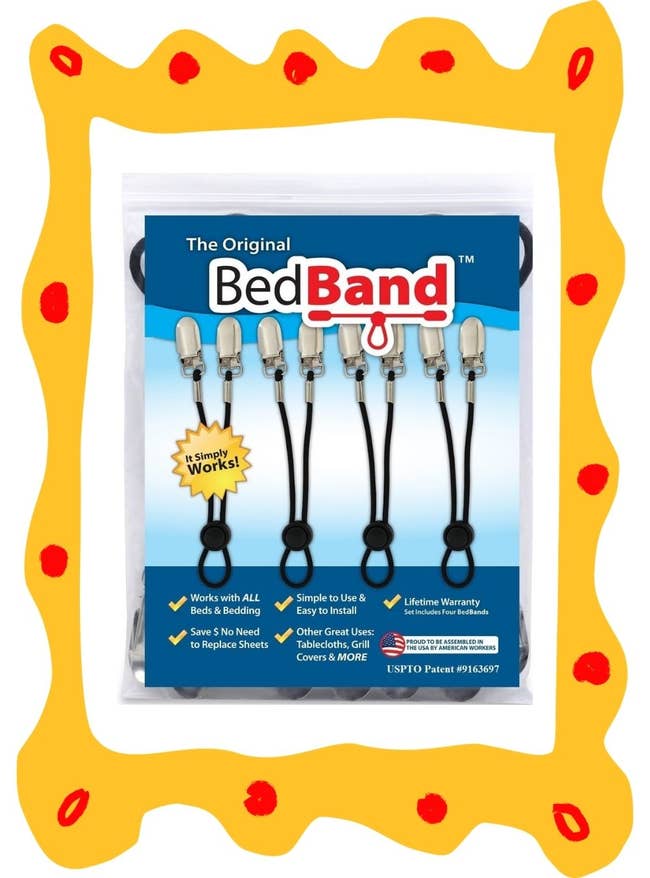 Package of BedBand sheet holders, featuring adjustable elastic fasteners for securing bedding and other fabrics