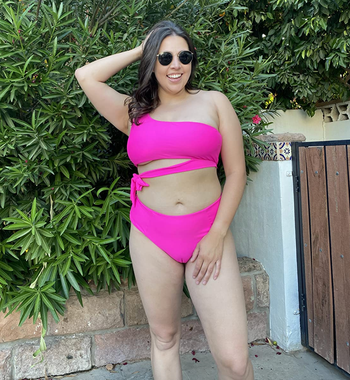 reviewer wearing pink bikini set