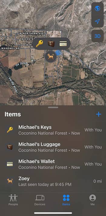 Screenshot of a reviewers find my app showing location of keys wallet luggage and dog