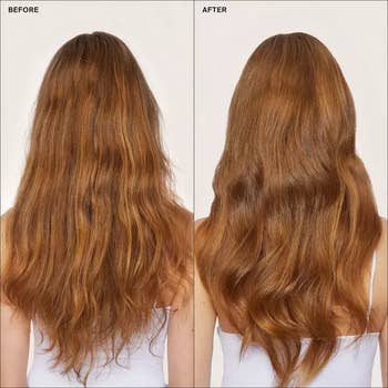 before and after of a model's limp, lifeless hair and then full-bodied hair