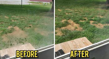 Before and after pics showing a dirty glass window become very clean after using the all-purpose cleaner