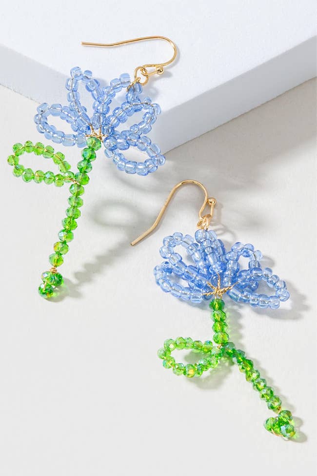 blue petal and green stem beaded flower drop earrings