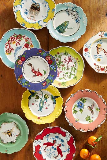 Assorted decorative plates with various floral and fauna motifs displayed on a wooden surface