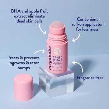 pink roll on tube with text about how it's fragrance-free and uses BHA and apple extract to eliminate dead skin cells