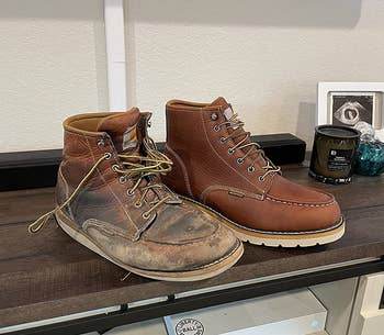 reviewer photo of old and new Carhartt wedge boots side by side