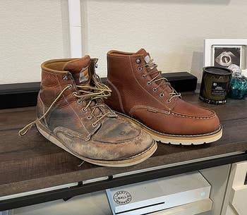 reviewer photo of old and new Carhartt wedge boots side by side