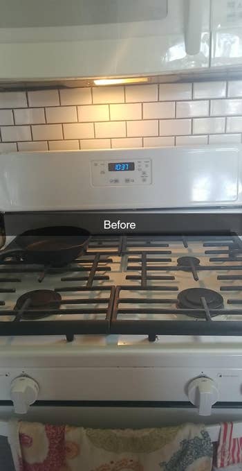reviewer showing what their backsplash looked like before