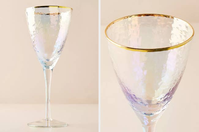 Two images of the wine glass with gold rim