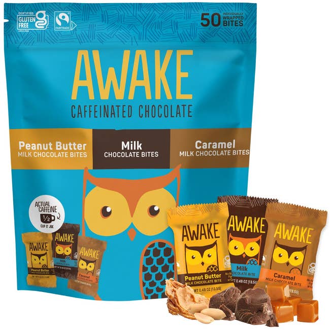 AWAKE caffeinated chocolate in peanut butter, milk, and caramel flavors. Package shows an owl mascot. 50 bites shown in various individual wrappers