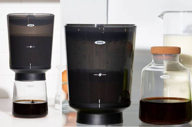 Tall black and clear cold brew maker creating beverage, product detached sitting in fridge