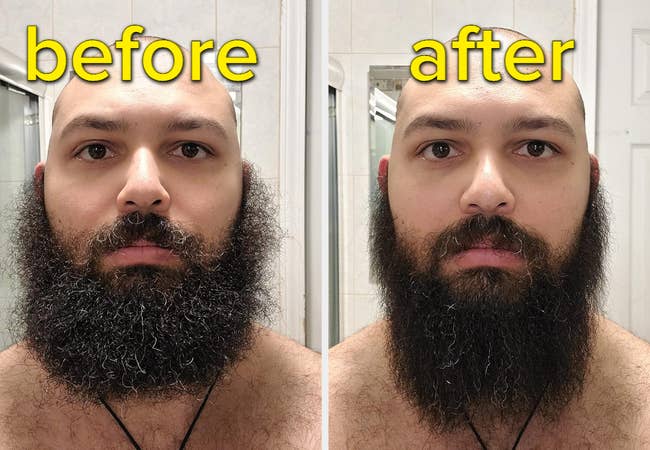 before and after of a reviewer's beard curly and then straight