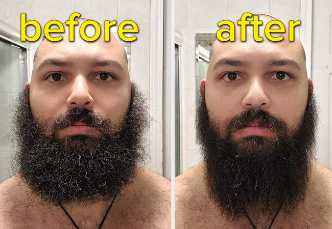 before and after of a reviewer's beard curly and then straight