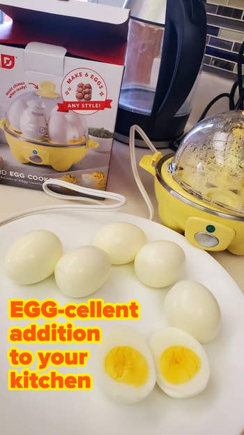 An ovum  cooker with hard-boiled eggs connected  a plate. Text reads 