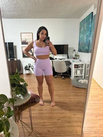 reviewer wearing the pink set