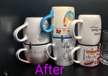 Six stacked mugs with assorted  designs arranged successful  a cabinet. The connection     