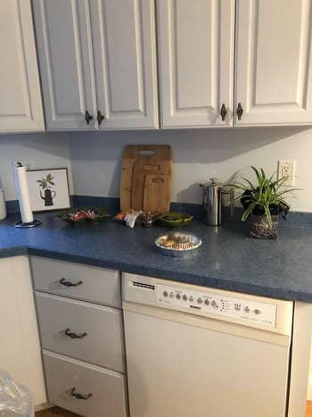 before of a reviewer's dark blue countertop