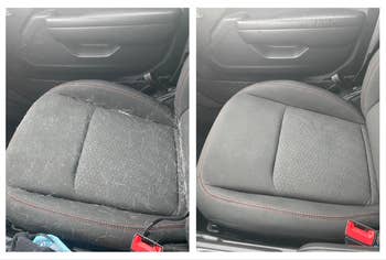 Before and after of a car seat cleaned, highlighting the effectiveness of a cleaning product
