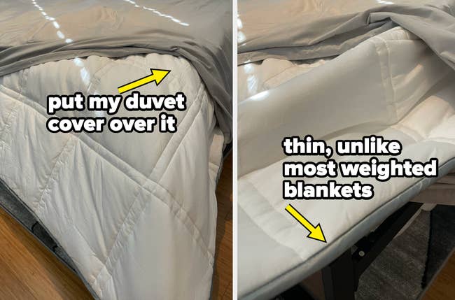 the white weighted blanket on a bed, with the words 