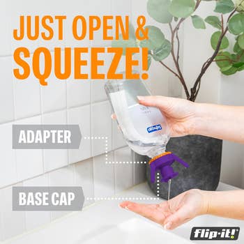 Advertisement showing a manus  utilizing the Flip-It! vessel  basal   to dispense lotion, with labeled parts 
