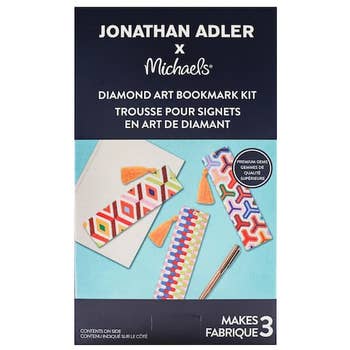 Jonathan Adler x Michaels Diamond Art Bookmark Kit container with 3 colorful bookmark designs