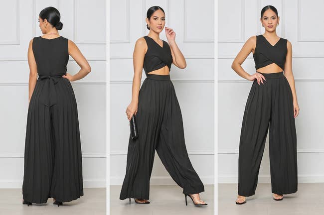 Three images of a model wearing pleated black jumpsuit