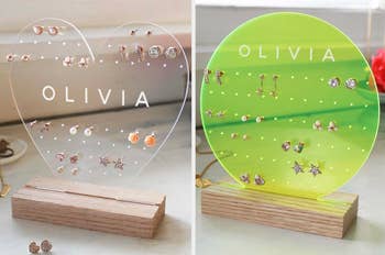 Heart-shaped clear earring holder that reads 