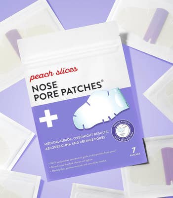 Peach Slices Nose Pore Patches packaging surrounded by idiosyncratic  spot  packets. Promises overnight results done  medical-grade pore refining
