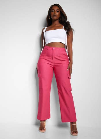 front view of a model in the pink pants