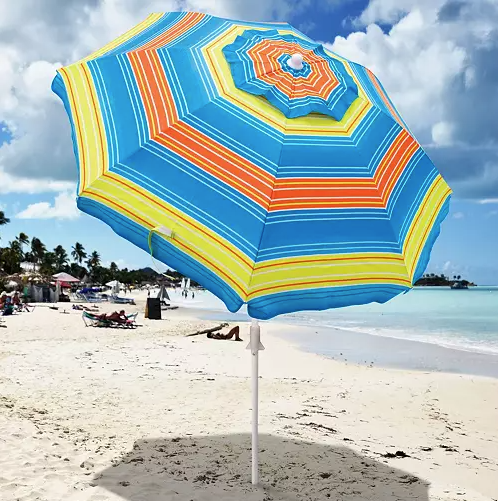 Image of the blue, yellow, and orange Rio beach umbrella