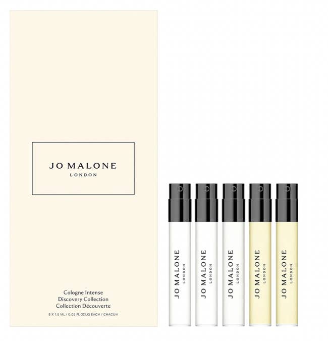 Jo Malone London Cologne Intense Discovery Collection with 5 travel-sized fragrance bottles adjacent to packaging