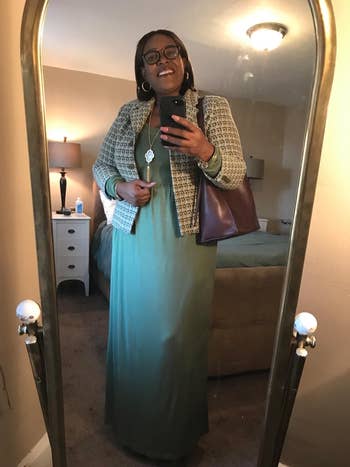reviewer wears maxi formal  with blazer