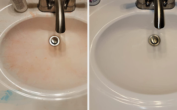 Reviewer's sink on the left covered in pink and blue hair dye, sink on the right clean