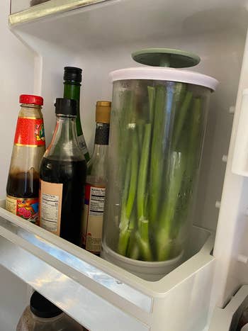 A refrigerator door shelf with sauces and condiments beside a container of scallions