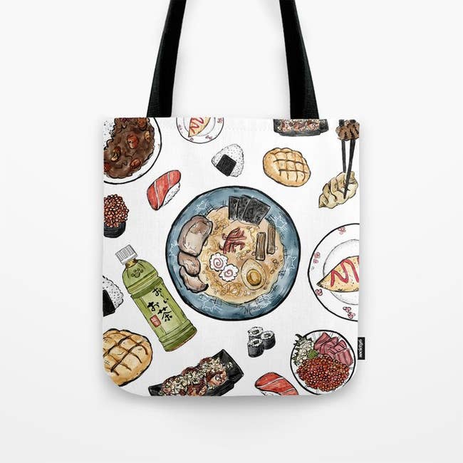 White tote bag with Japanese food illustration