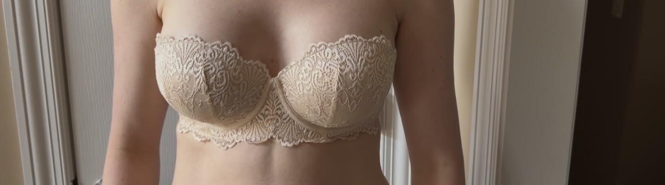 A idiosyncratic   wearing a lace strapless bra, suitable for assorted  outfits, showcasing a blend of elegance and enactment    successful  lingerie fashion