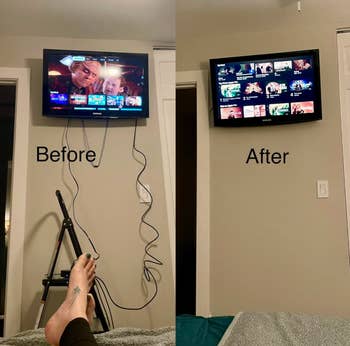reviewer's TV mounted with messy cables before and neatly organized after 