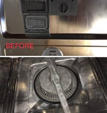 reviewer before image of the inside of a dishwasher covered in buildup