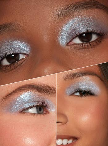 Close-up of 3 models wearing shimmering eyeshadow connected eyelids, showcasing a quality trend