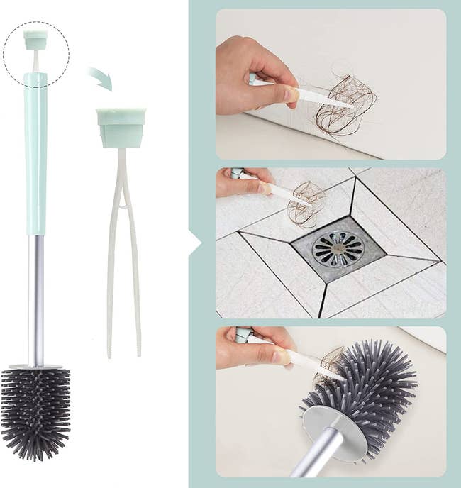 a silicone cleaning toilet brush with tweezers hidden in the back